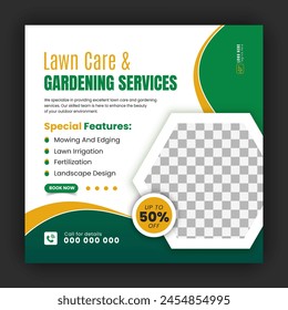 Agriculture and farming promotion with modern lawn mower garden or landscaping service social media cover design, abstract green and yellow square web banner, post template flyer