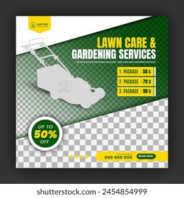 Agriculture and farming promotion with modern lawn mower garden or landscaping service social media cover design, abstract green and yellow square web banner, post template flyer