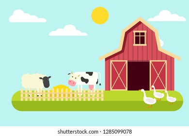 Agriculture and Farming. Rural landscape. Farm yard with domestic animals. Cow, sheep and goose.  Flat style illustration. Vector illustration.