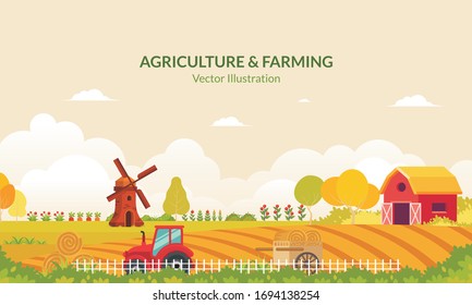 Agriculture and Farming Rural landscape. organic farm products, agriculture tool and machine, windmill, red barn and house.