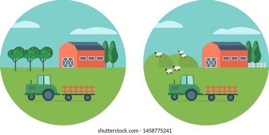 Agriculture and Farming. Rural landscape. Red farm house. Green tractor. Hills and fruit trees. Vector illustration.
