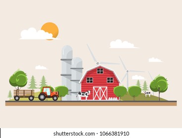 Agriculture and Farming in rural landscape scene design. natural and organic dairy farm. Vector illustration.