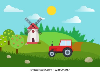 Agriculture and Farming. Rural landscape. Windmill and tractor in flat style. Vector illustration.