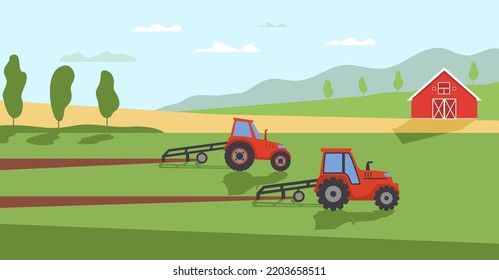 Agriculture and farming. Rural landscape.Agriculture company.Tractor cultivating field barn.Tractor plowing a field for planting crops.Vector flat illustration.