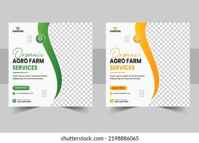 Agriculture farming service social media post banner set or agriculture farming flyer and web banner template. Lawn mower gardening and Flyer template with plant and soil.