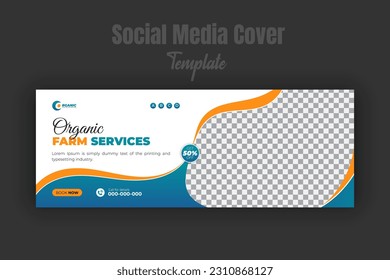 Agriculture and farming service social media cover or post and web banner design template, modern lawn mower garden, or landscaping service with abstract blue gradient and orange color shapes