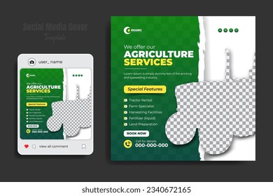 Agriculture and farming service social media cover or post and web banner design template with geometric green gradient color shapes