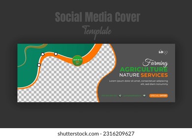 Agriculture and farming services or landscaping social media cover banner web template garden, lawn care agro farm, organic for promotion with abstract green yellow color shape
