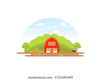Agriculture and Farming, Summer Rural Landscape with Red Barn, Tractor and Livestock Vector illustration