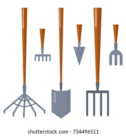 Agriculture farming tools garden equipment flat vector rake for gardening cleaning harvesting.
