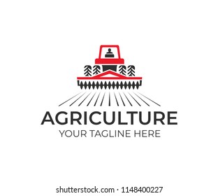 Agriculture and farming with tractor with cultivator and plow, logo design. Agribusiness, eco farm and rural country, vector design. Farm industries and agronomy, illustration
