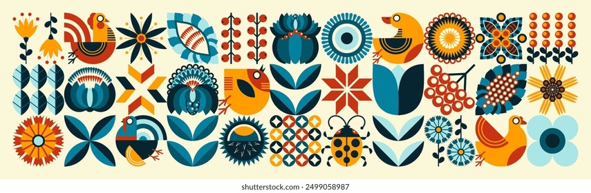 Agriculture and farming. Ukrainian national artistic style "Petrykiv painting". Floral pattern. Scandinavian style. The concept of ecological farming and poultry farming. Blue and orange illustration