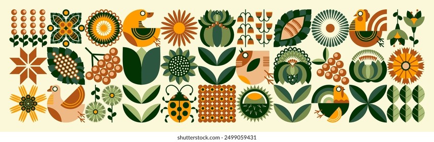  Agriculture and farming. Ukrainian national artistic style "Petrykiv painting". Floral pattern. Scandinavian style. The concept of ecological farming and poultry farming. Green and peach illustration