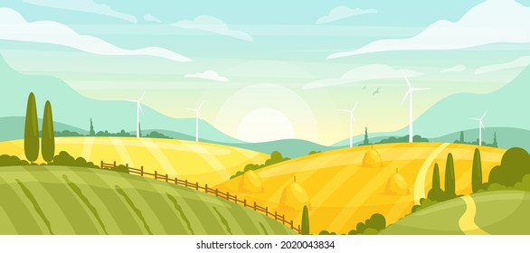 Agriculture and farming. Vector horizontal rural landscape with field, hills, trees, mountain, sunrise. Autumn fall fields farming illustration. Eco summer village concept. Alternative energy resource