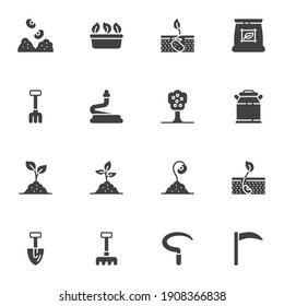 Agriculture, farming vector icons set, modern solid symbol collection, filled pictogram pack. Signs, logo illustration. Set includes icons as gardening rake, shovel, watering hose, sprout in soil