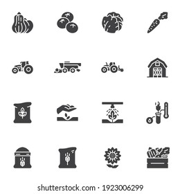 Agriculture and farming vector icons set, modern solid symbol collection, filled style pictogram pack. Signs, logo illustration. Set includes icons as vegetable harvest, tractor, farm barn, harvester