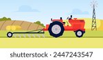 Agriculture and farming vector illustration. Cartoon red tractor with plow on rural landscape. Cultivation farm machinery working in the field and tillage. Yellow meadow hills and haystacks