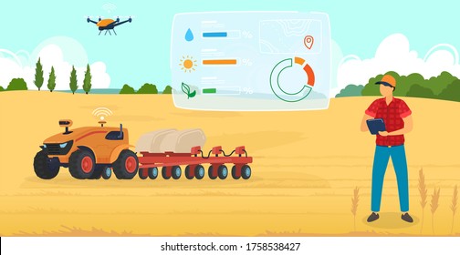 Agriculture farming vector illustration. Cartoon flat man farmer character using robot drone, checking harvest on wheat cultivated organic farm field, modern digital agricultural technology background