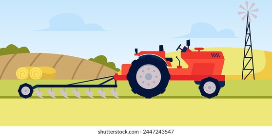 Agriculture and farming vector illustration. Cartoon red tractor with plow on rural landscape. Cultivation farm machinery working in the field and tillage. Yellow meadow hills and haystacks