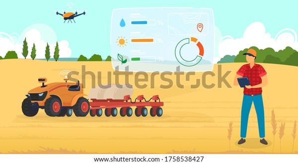 農業用ベクターイラスト 現代のデジタル農業技術の背景に ロボットドローンを使用した漫画の平らな男性の農業キャラクター 小麦栽培有機農場での収穫チェック のベクター画像素材 ロイヤリティフリー