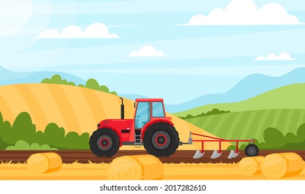 Agriculture and farming. Vector illustration of rural landscape with driving tractor working on farmed land, fields, hay, trees and bushes. Agribusiness. Countryside autumn landscape. Farm concept