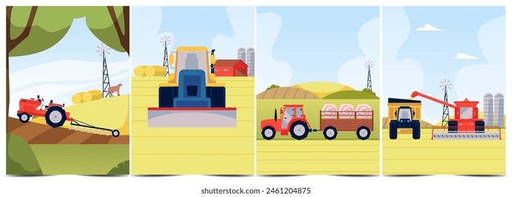 Conjunto de Ilustraciones vectoriales agrícolas y agrícolas. Tractor rojo de la historieta con el arado, cosechadora combinada, bulldozer en las colinas rurales. Maquinaria agrícola de cultivo que trabaja en el campo