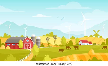 Agriculture and farming. Vector rural landscape with farm, windmill, field, hills, trees, dawn, cows. Autumn fall fields farming illustration. Eco summer village concept. Alternative energy resource