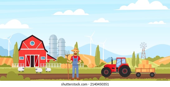 Agriculture and farming. Vector rural landscape with farm, farmer, windmill, sheep, tractor. Autumn fall summer fields farming illustration. Eco summer village concept. Alternative energy resource