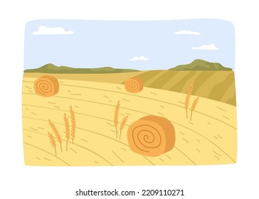 Agriculture and farming, village landscape with dry hay bales and straw. Farmland business and work at field. Countryside job growing crops. Vector in flat style