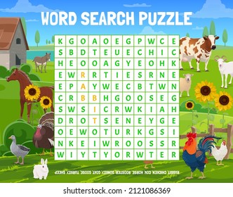 Agriculture farming word puzzle game worksheet, cartoon vector farm animals. Kids educational word search puzzle riddle with horse, donkey and cow, goat, sheep and turkey, goose, hen and rooster