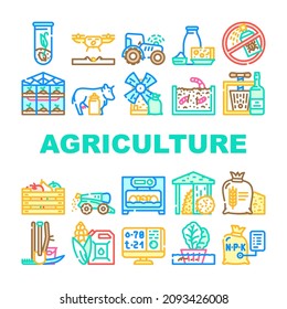 Agriculture Farmland Business Icons Set Vector. Mill And Greenhouse Farm Construction, Drone For Planting Plant And Tractor With Gps, Agriculture Harvesting And Production Line. Color Illustrations