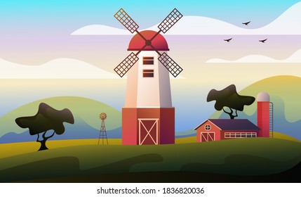 Agriculture farmland mill field concept. Vector flat graphic design illustration