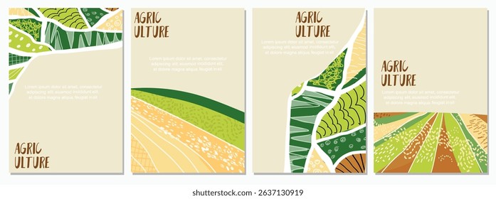 Agriculture field art, aerial view cards set. Countryside grassland, farm land, background  background. Flat Hand drawn vector art.