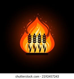 Campo agrícola, tierra de cultivo en llamas. Concepto de incendio forestal en el campo, quema de plantas en las plantaciones. Icono vectorial de la llama con siluetas de trigo, centeno sobre fondo negro