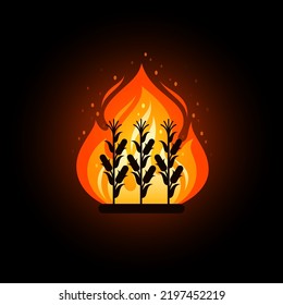 Agriculture field, farm land in fire. Concept of wildfire in countryside, burning plants on plantation or garden. Vector cartoon icon of flame with silhouettes of corn on black background