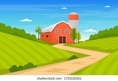 Agriculture Field Farm Rural Meadow Nature Scene Landscape Illustration
