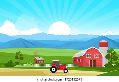 Agriculture Field Farm Rural Meadow Nature Scene Landscape Illustration