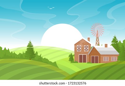 Agriculture Field Farm Rural Meadow Nature Scene Landscape Illustration
