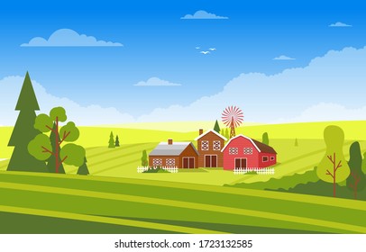 Agriculture Field Farm Rural Meadow Nature Scene Landscape Illustration