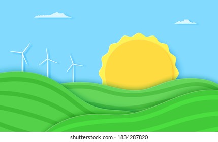 Agriculture field with hills and windmill eco energy in paper cut style. 3d farm landscape with green waves and blue sky. Creative vector illustration ecology and environment conservation concept