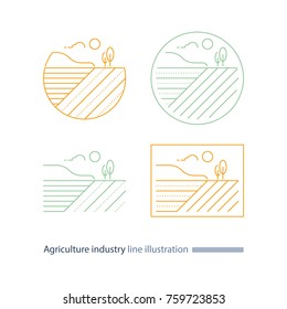 Agriculture field line icon, countryside landscape, furrow, vector thin stroke illustration