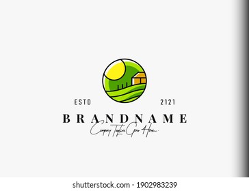 Agriculture field logo design. Vector illustration of farm field and farm house. Modern vintage icon design template with line art style.