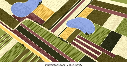 Landwirtschaftliche Feld Patches Muster. Landwirtschaftlicher Hintergrund. Blick auf die Luftaufnahmen, Patchwork auf die Landschaft, Ackerland, Grünland und Seewasser. Natürliche Landschaftstextur. flache Vektorillustration