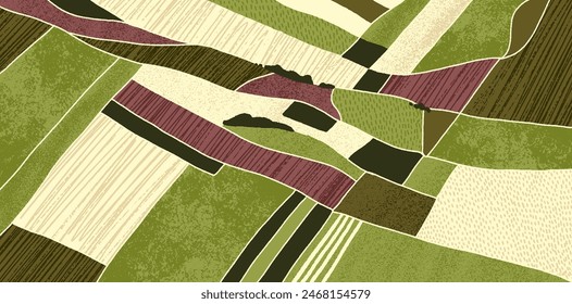 Patrón de campo agrícola, vista Aéreas. Pastizales rurales, tierras de cultivo desde la cima. Parches geométricos de tierras de labranza, fondo de campo de mosaico acolchado, textura de mosaico natural. Ilustración vectorial plana