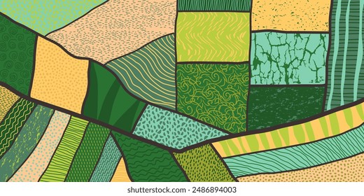 Agriculture field pattern, aerial view. Countryside grassland, farm land from top. Geometric farmland patches, padded mosaic country background, natural patchwork texture. Flat vector illustration