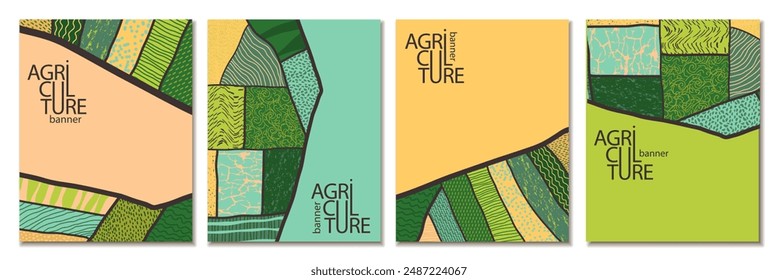 Agriculture field pattern, aerial view card poster with copy space. Countryside grassland, farm land from top. Geometric farmland patches, padded mosaic country background. Flat vector illustration