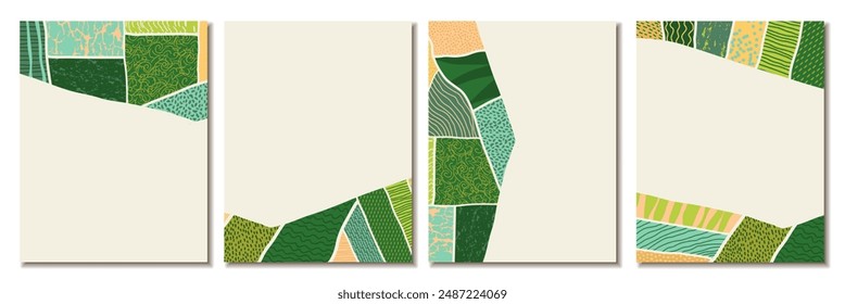 Agriculture field pattern, aerial view card poster with copy space. Countryside grassland, farm land from top. Geometric farmland patches, padded mosaic country background. Flat vector illustration