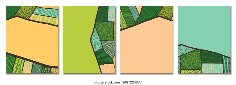 Agriculture field pattern, aerial view card poster with copy space. Countryside grassland, farm land from top. Geometric farmland patches, padded mosaic country background. Flat vector illustration