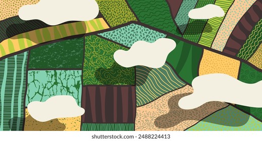 Agriculture field pattern, aerial view with clouds. Countryside grassland, farm land from top. Geometric patches, padded mosaic country background, natural patchwork texture. Flat vector illustration