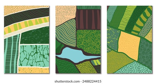 Agriculture field pattern, aerial view set of background. Countryside grassland, farm land from top. Geometric patches, padded mosaic country background, natural patchwork texture